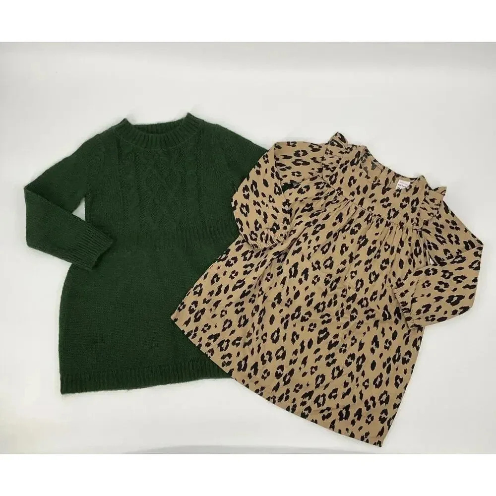 Girls Sweater Dress 3T Leopard Print Tunic Frock Cable Knit Hunter Green